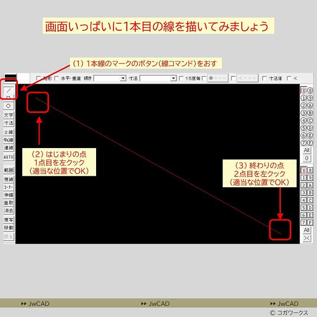 線コマンドを使って画面いっぱい線をかく1-1