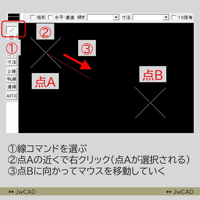 JwCADで
2点間を結ぶ線を作図する方法
の解説画像（1）